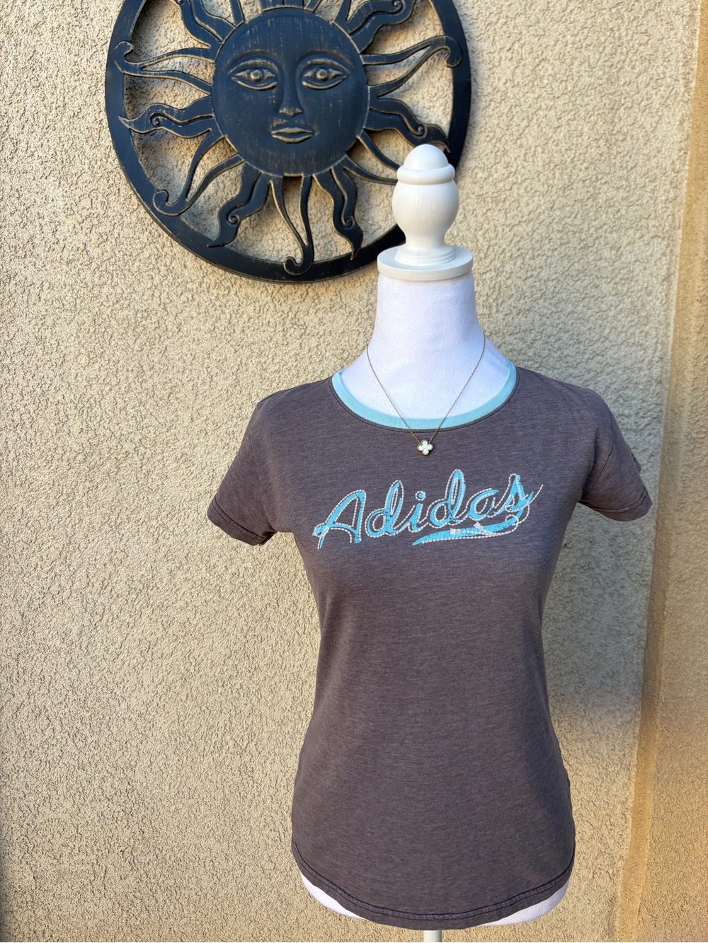 Adidas Y2K Brown Baby Tee Script Logo Blue Ringer Tee 2000s Vintage Sporty
